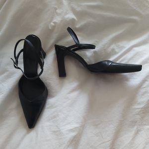 Vintage Black Leather Pointed Toe Ankle Strap Heels